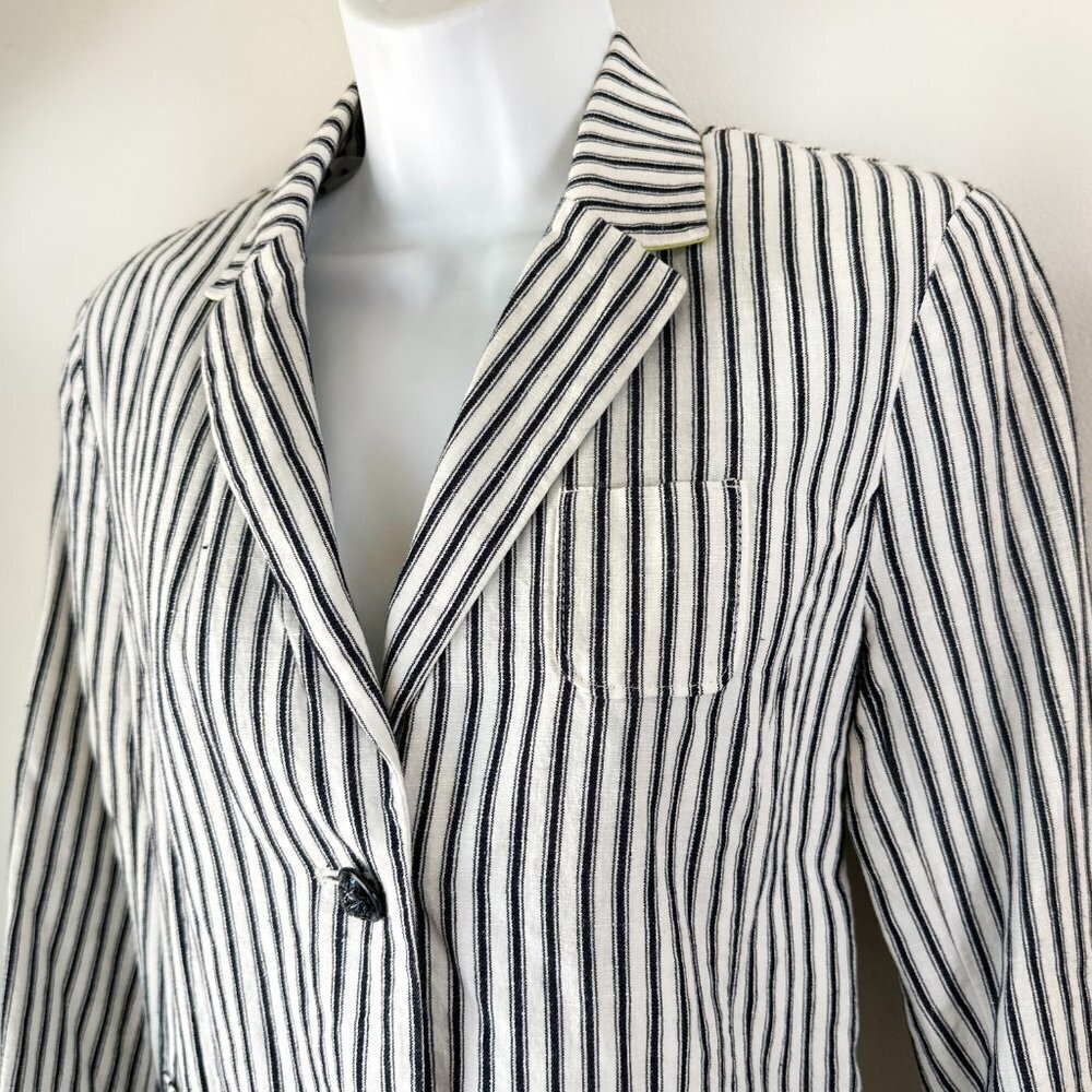 GAP Navy and White Ticking Blazer Jacket Linen Cotton 4 - Picture 7 of 8